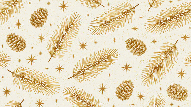 Elegant seamless winter holiday pattern featuring gold foil-style illustrations of pine branches, pinecones and shimmering stars on a textured cream background, luxury festive