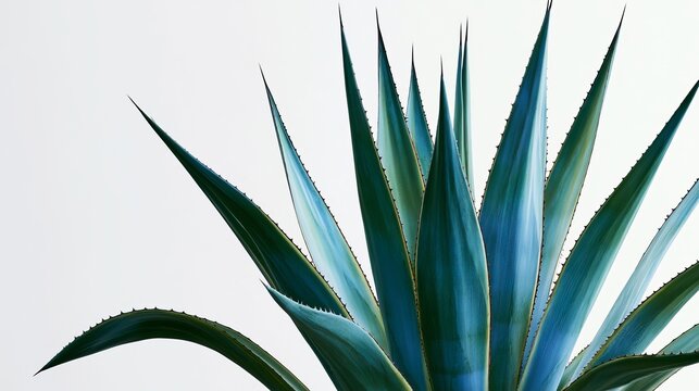 Full shot of a single agave plant with long green blue tinted sword shaped leaves against a white sky background