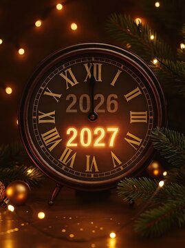 vintage clock displaying years 2026 and glowing 2027 surrounded by christmas lights and pine branches