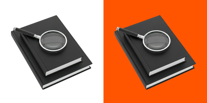 Black notebook with magnifying glass for research and study transparent png