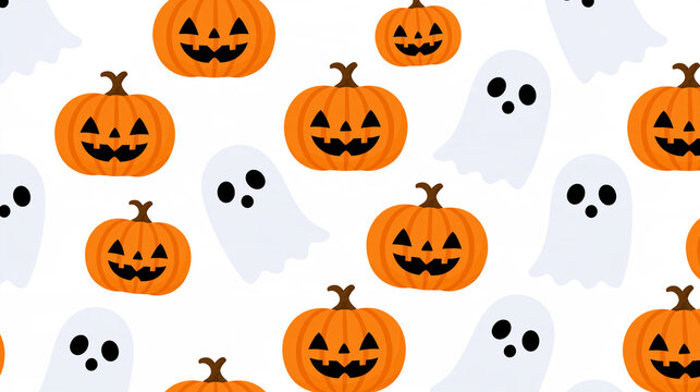 Seamless pattern of pumpkins and ghosts displayed on a white background, simple festive holiday decoration, with copy space