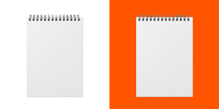 Blank spiral notebook with white paper mockup on colorful background transparent png