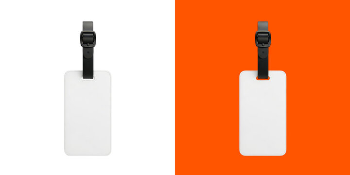 Blank white luggage tag with black leather strap mockup transparent png