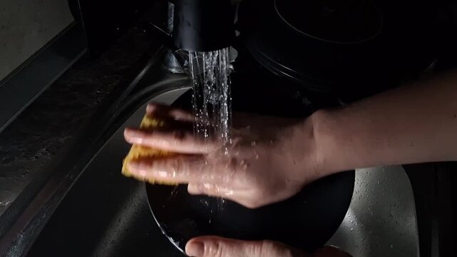 video of a routine household chore&mdash;specifically, washing a black plate after lunch under a stream of clean water
