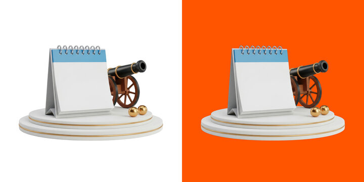 Blank standing calendar with vintage cannon 3D transparent png