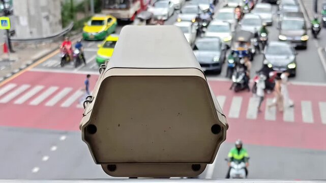 CCTV surveillance camera observing blurred city traffic on intersection roads, Outdoor Urban Security, City Monitoring System, Crime Detection Alert, Privacy Repression, Video Recording, Camera POV