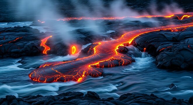 Molten lava flowing into the ocean creating steam clouds over volcanic rock