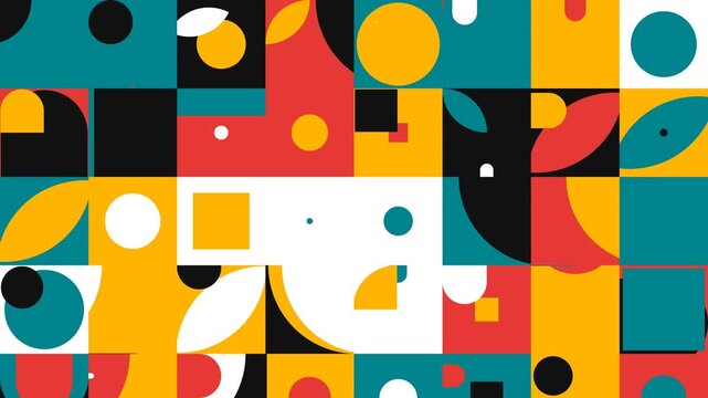 Abstract geometric pattern of colorful bauhaus shapes and neo memphis mosaic elements