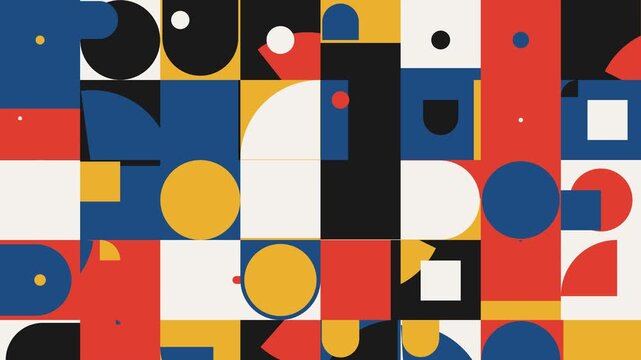Abstract grid composition with circles squares and rectangles in vibrant hues