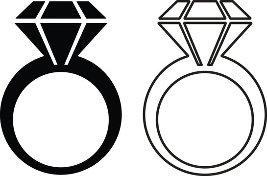 Diamond ring icon silhouette and outline vector illustration set for jewelry and wedding design projects
