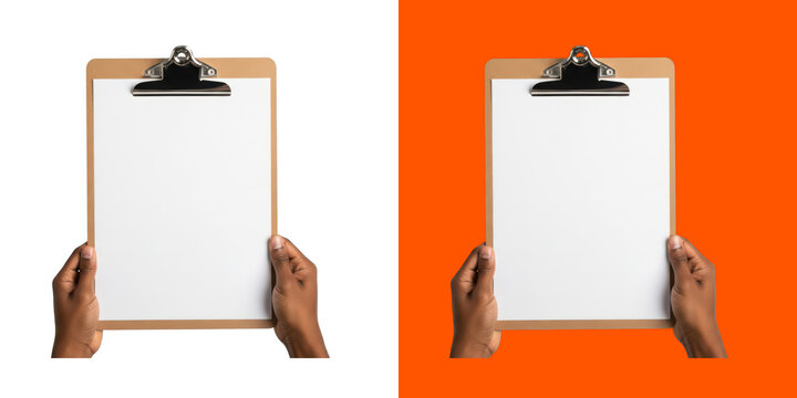 Hands holding a wooden clipboard with a blank white paper sheet transparent png