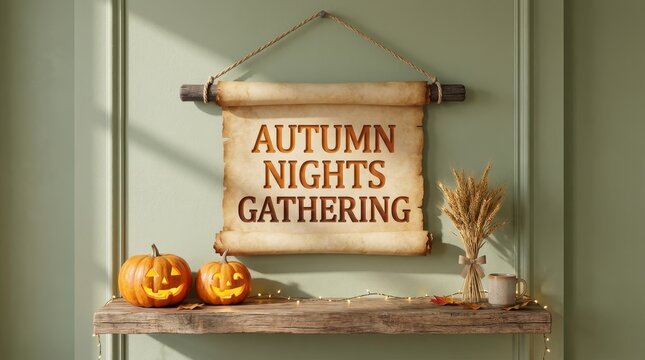 Aged parchment scroll displaying autumn nights gathering text beside illuminated jack o lanterns and wheat bundle on wooden wall shelf