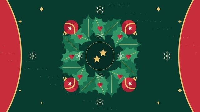Festive holiday wreath with holly leaves red baubles and gold stars on green background