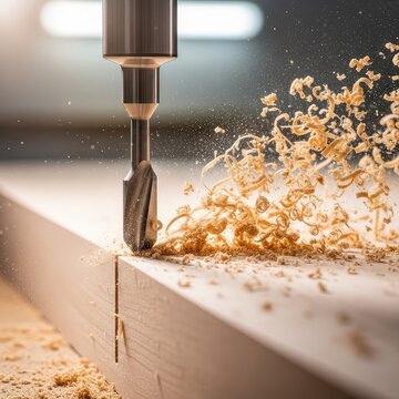 Detailed close-up of a CNC router bit carving through solid timber, creating a spray of fine sawdust and curly wood shavings in a workshop, manufacturing, workshop, high-speed