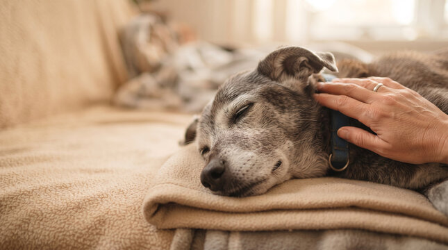 Senior dog sleeping peacefully on couch with human hand gently stroking