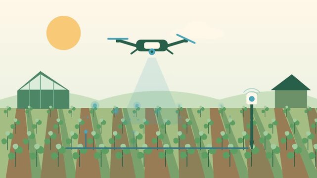 Flying quadcopter scanning rural farmland with smart watering equipment