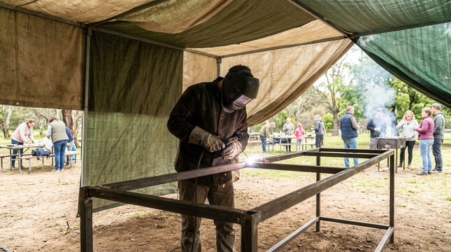Skilled Welder Crafts Metal Frame Amidst Outdoor Gathering Warmth