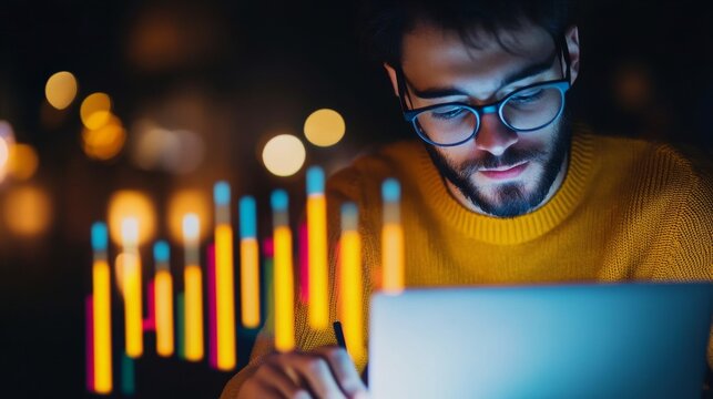 Crisp Winter Light Between Multiple Business Metrics: Entrepreneur Reviewing Laptop Graphs Late At Night Focused Wo &acirc;&euro;&ldquo; Skyline Study 2