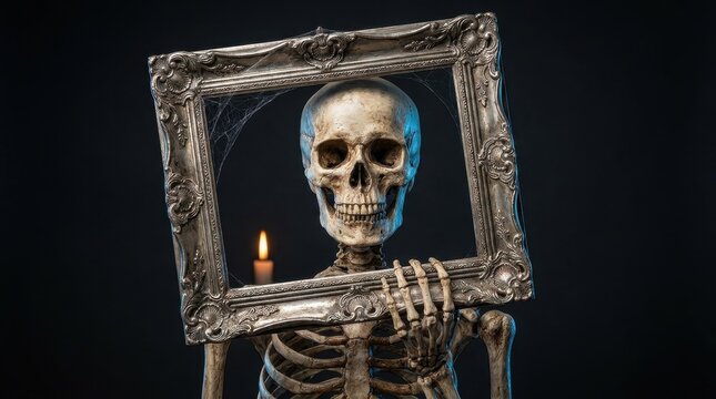 Human skeleton head holds an ornate vintage silver frame with textured cobwebs while posing for a spooky holiday portrait photograph