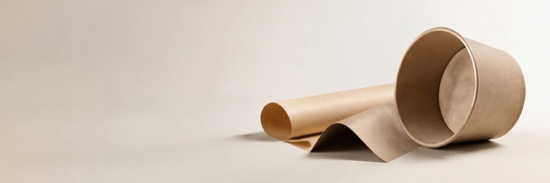 Kraft paper roll and open paper cylinder resting on a warm beige backdrop with wide empty space at the left for sustainable packaging and branding layouts