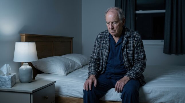 Sad elderly man sitting awake on bed at night. Depressed senior male experiencing insomnia and anxiety in dark bedroom. Mental health and sleep disorder concept
