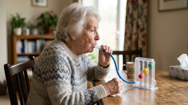 Elderly woman using home spirometer for lung rehabilitation. Senior female patient doing breathing exercises with respiratory therapy device