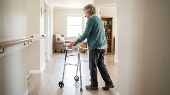 Elderly woman using walker for Parkinson mobility support. Senior female walking in hallway with frame for physical therapy and recovery