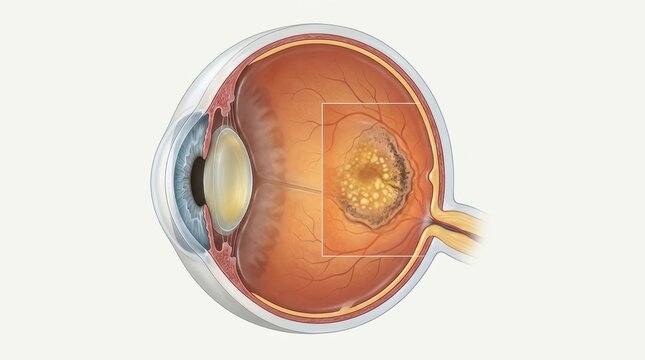 Medical illustration of an eye with macular degeneration. Cross section showing drusen deposits on the retina