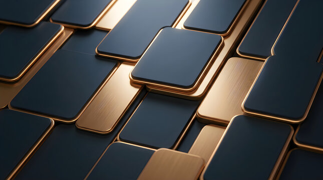 Abstract 3d background with overlapping dark blue rectangular tiles and brushed gold metallic accents, creating a modern geometric pattern with depth and texture