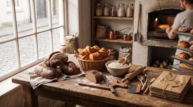 Artisan sourdough bread loaves and fresh croissants sit on a wooden table inside a traditional bakery near a stone oven.