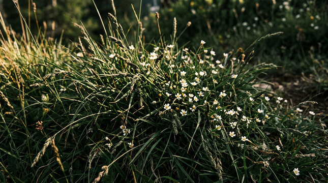 Close-up of wild mountain grass texture with small white flowers and side sunlight depth