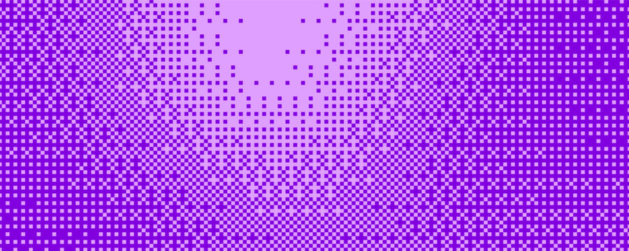 Pixel bitmap texture with 8-bit halftone effects. Abstract purple pixelated dither pattern. Horizontal noise geometric print wallpaper with gritty particles and spot transition. Vector illustration.