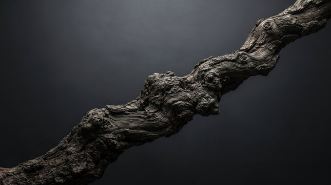 Gnarled weathered dry wood branch texture against dark moody background