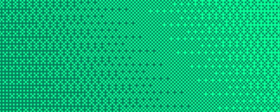 Pixel bitmap texture with 8-bit halftone effects. Abstract green pixelated dither pattern. Horizontal ripple faded geometric print wallpaper with gritty distort gradations. Vector illustration.