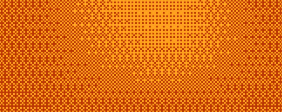 Pixel bitmap texture with 8-bit halftone effects. Abstract orange pixelated dither pattern. Horizontal particle noise and ripple geometric print wallpaper with circle transition. Vector illustration.