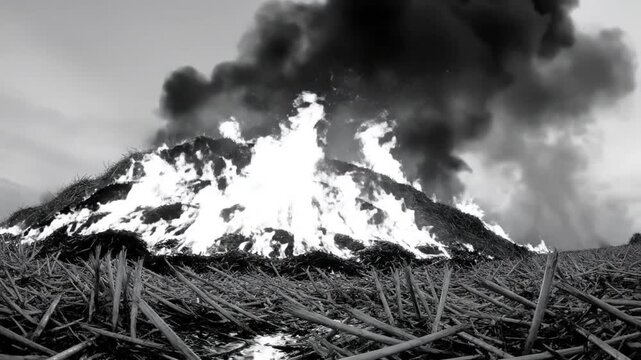 Black and white video of a large fire burning in a field with dark smoke billowing upwards in a wide shot