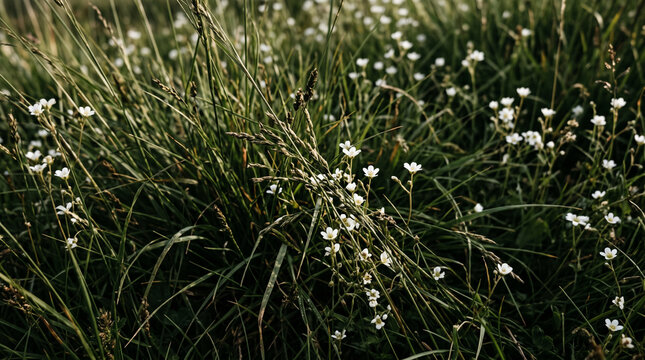 Close-up of wild mountain grass texture with small white flowers and side sunlight depth