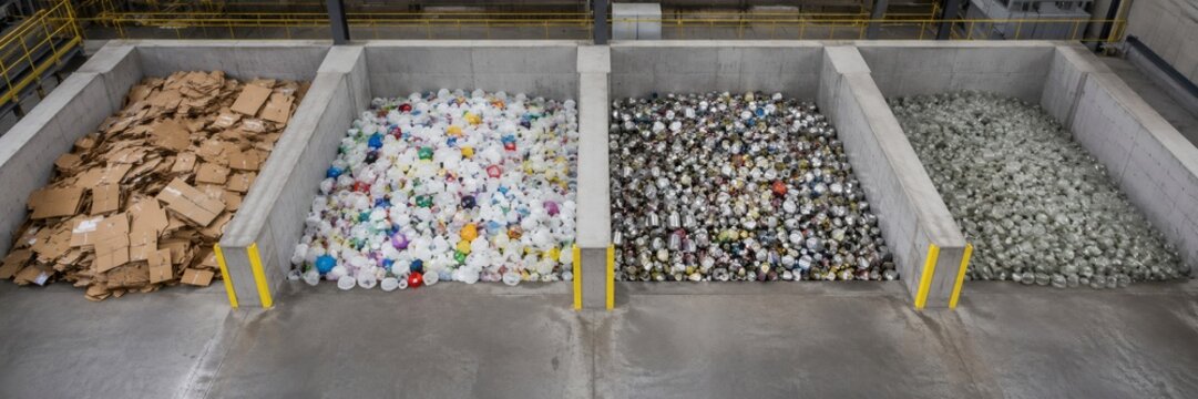 Concrete storage bays inside a waste transfer station holding separated cardboard plastic bottles metal cans and glass ready for onward recycling and reprocessing
