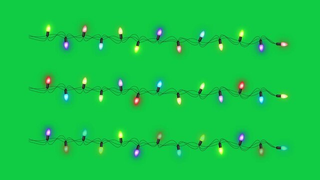 Colorful Christmas String Lights Set Blinking Isolated Gree Screen Loop Animation,Chroma Key New Year and Holiday and Birthday Videos Overlay Vertical Social Media Motion design element