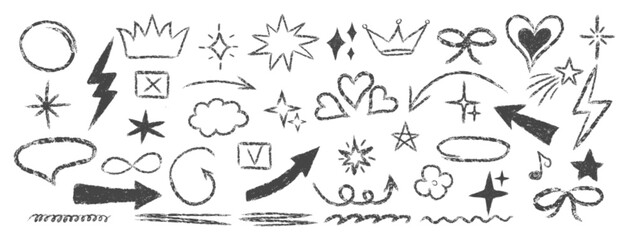 Obraz premium Cute crayon-style star shapes with hearts and arrows. Sketched line art elements ideal for children's artwork and scribble designs.