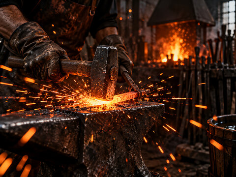 Blacksmith forging metal with hammer and anvil sparks flying in a fiery workshop