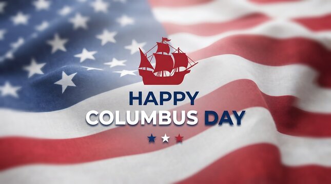 Happy Columbus Day greeting card with a red sailing ship icon over a blurred American flag background for celebration