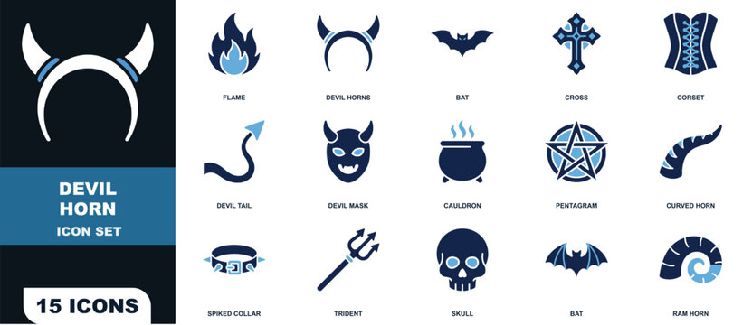 Devil horn set featuring fifteen dark blue and light blue halloween themed symbols