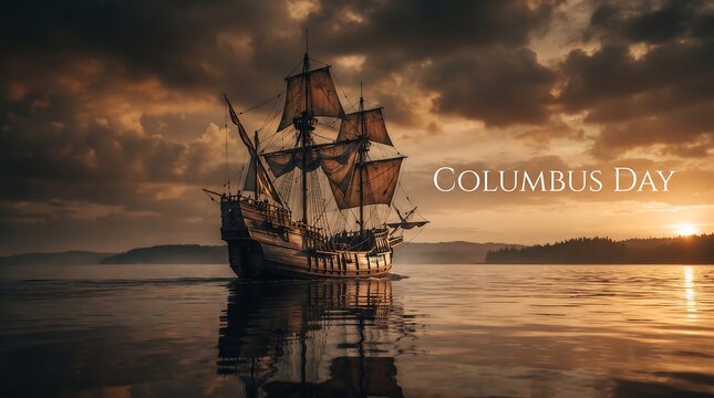 Spanish galleon sailing on calm ocean water during a dramatic golden sunset for Columbus Day celebration and historical exploration