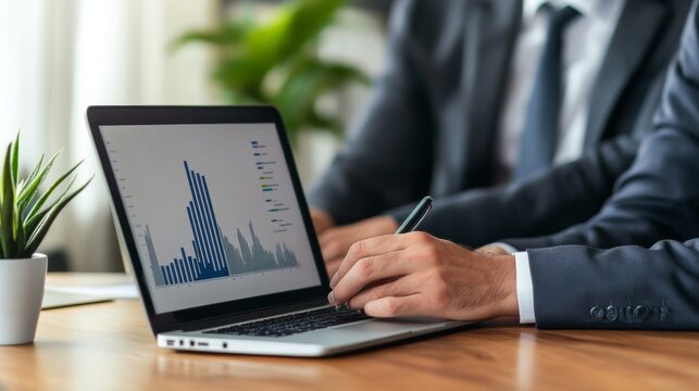 Stormy Light At the Center of a KPI Overview: Business Team Reviewing Laptop Graphs In Modern Lounge Review &acirc;&euro;&ldquo; Skyline Study 4