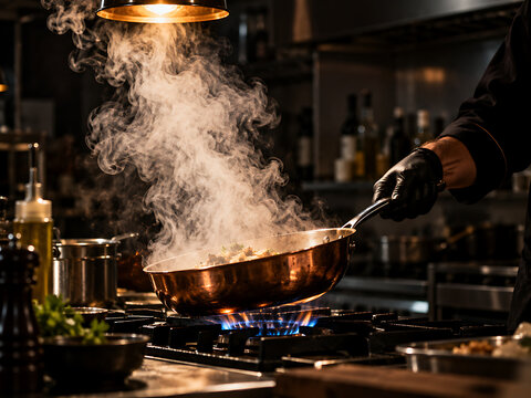 Professional chef flambing food in a commercial kitchen with flames and rising smoke