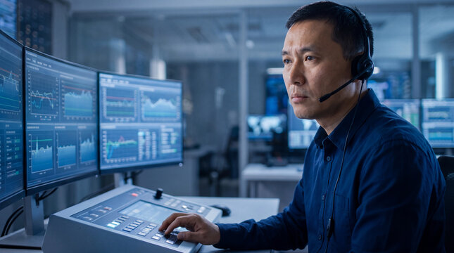Professional technician monitoring industrial control system at data center looking focused with serious expression while working hard