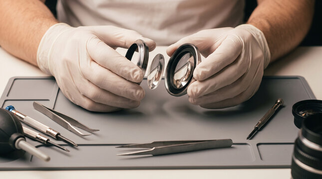 Professional repair technician holding lens element in careful concentration while disassembling camera optical equipment on workstation
