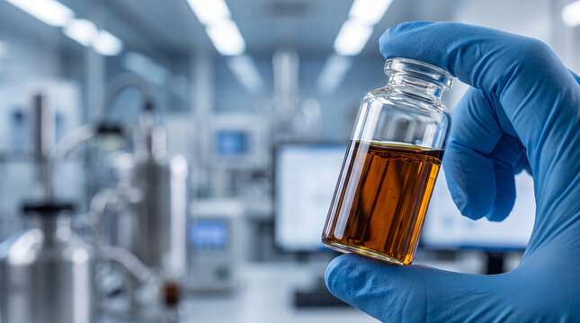 Scientist holding crude oil vial professional laboratory research testing chemical analysis focused concentrated liquid sample petroleum