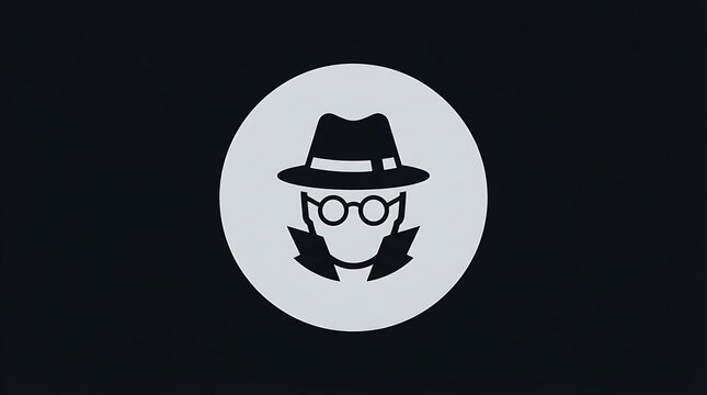 Incognito mode browser icon featuring a stylized mysterious detective face wearing dark hat and circular glasses